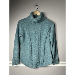 LL Bean Cable Knit Sweater XS‎ Womens Turtleneck Chunky Fisherman Blue